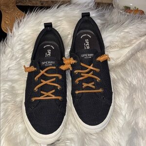 Sperry Preppy Black Canvas Crest Sneakers Tennis Shoes Tan Rawhide Laces Size 8